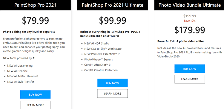 Corel PaintShop Pro 2021 pricing
