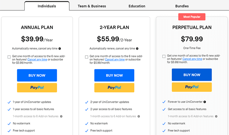 Wondershare UniConverter pricing