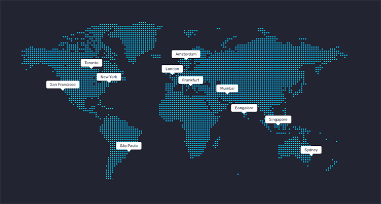 centres de données situés dans des villes du monde entier