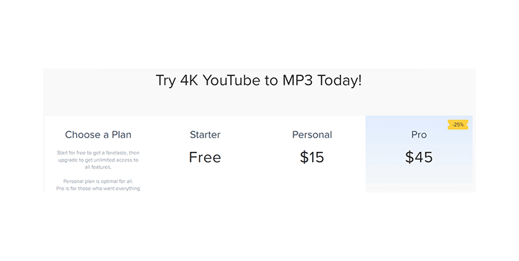 4K YouTube to MP3 pricing