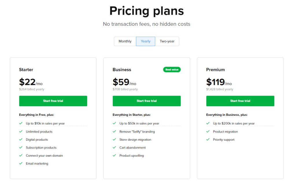 Sellfy pricing page
